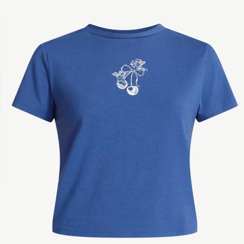 NWT No Boundaries Blue Cherry Cupid Graphic Baby Tee Crop Top Small